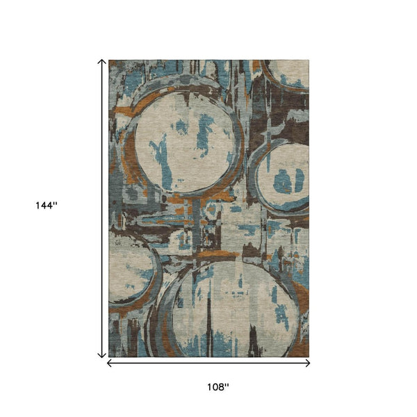 HomeRoots 9' X 12' Geometric Area Rug in Beige, Brown & Teal - Washable, UV-Protected, Stylish & Durable Design 667812