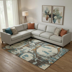 HomeRoots 9' X 12' Geometric Area Rug in Beige, Brown & Teal - Washable, UV-Protected, Stylish & Durable Design 667812