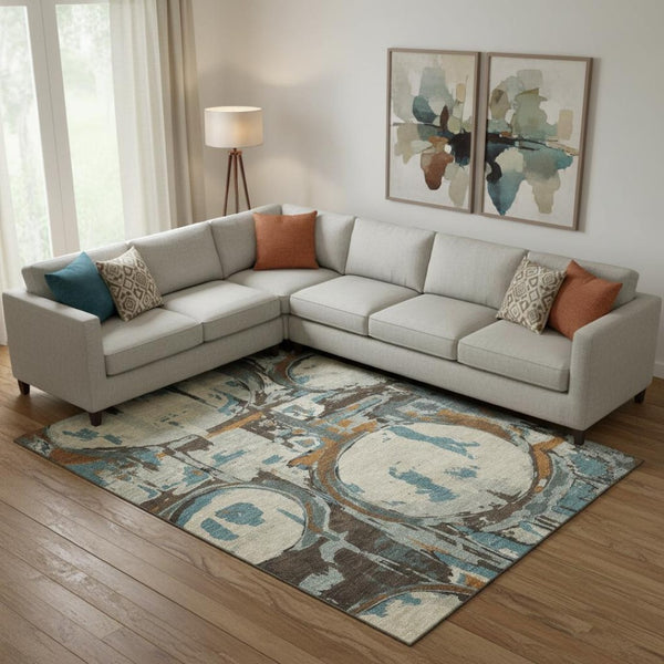 HomeRoots 9' X 12' Geometric Area Rug in Beige, Brown & Teal - Washable, UV-Protected, Stylish & Durable Design 667812