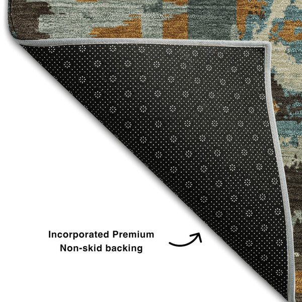 HomeRoots 9' X 12' Geometric Area Rug in Beige, Brown & Teal - Washable, UV-Protected, Stylish & Durable Design 667812