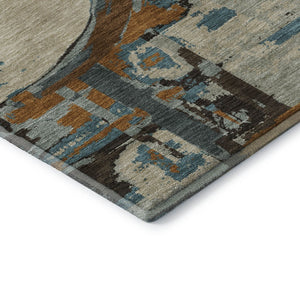 HomeRoots 9' X 12' Geometric Area Rug in Beige, Brown & Teal - Washable, UV-Protected, Stylish & Durable Design 667812