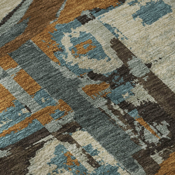 HomeRoots 9' X 12' Geometric Area Rug in Beige, Brown & Teal - Washable, UV-Protected, Stylish & Durable Design 667812