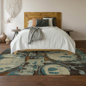 HomeRoots 9' X 12' Geometric Area Rug in Beige, Brown & Teal - Washable, UV-Protected, Stylish & Durable Design 667812