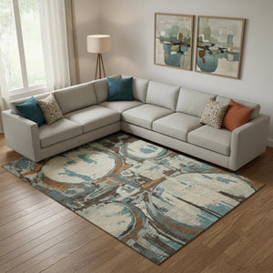 HomeRoots 10' Washable Geometric Area Rug in Beige, Brown & Teal - UV Protected, Stain Resistant & Stylish 667813