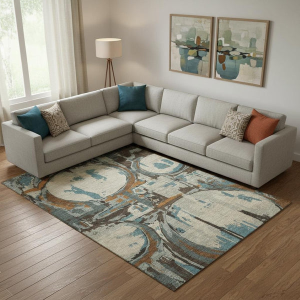 HomeRoots 10' Washable Geometric Area Rug in Beige, Brown & Teal - UV Protected, Stain Resistant & Stylish 667813