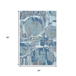 HomeRoots 5' X 8' Blue Gray & Ivory Geometric Washable Area Rug - Modern, Stain-Resistant & UV Protected Decor 667815