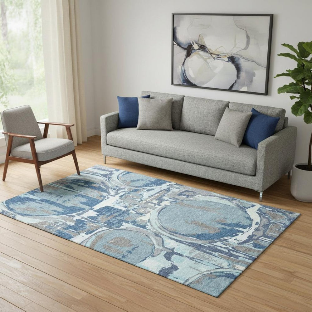 HomeRoots 5' X 8' Blue Gray & Ivory Geometric Washable Area Rug - Modern, Stain-Resistant & UV Protected Decor 667815