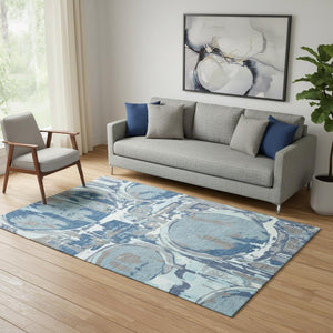 HomeRoots 5' X 8' Blue Gray & Ivory Geometric Washable Area Rug - Modern, Stain-Resistant & UV Protected Decor 667815