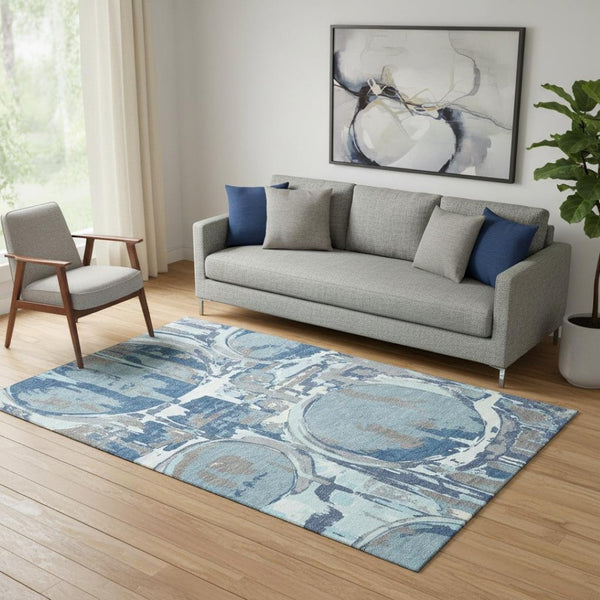 HomeRoots 5' X 8' Blue Gray & Ivory Geometric Washable Area Rug - Modern, Stain-Resistant & UV Protected Decor 667815