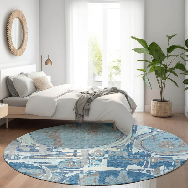 HomeRoots 8' Blue Gray and Ivory Geometric Round Rug - Washable, UV Protected, Durable for High Traffic Areas 667816