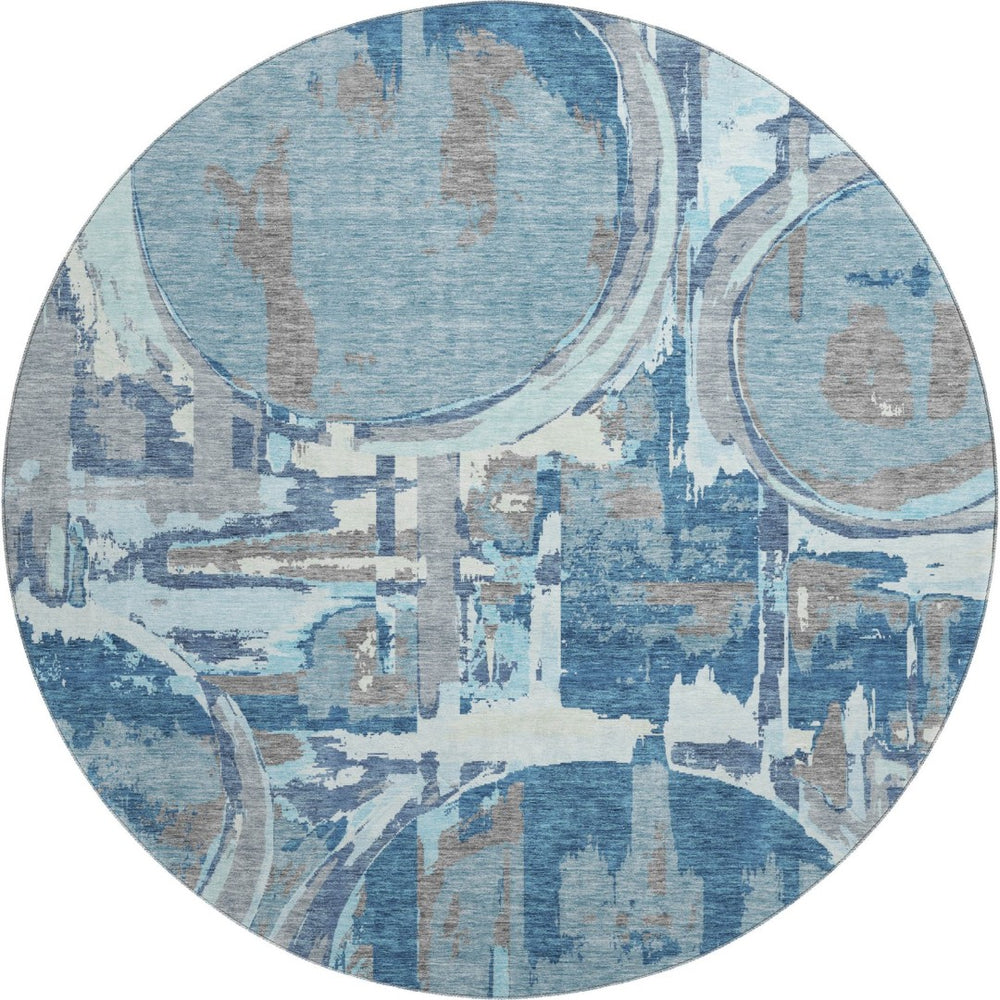 HomeRoots 8' Blue Gray and Ivory Geometric Round Rug - Washable, UV Protected, Durable for High Traffic Areas 667816