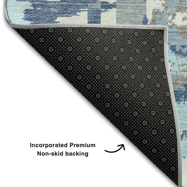 HomeRoots 8' Blue Gray and Ivory Geometric Round Rug - Washable, UV Protected, Durable for High Traffic Areas 667816