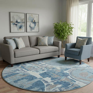 HomeRoots 8' Blue Gray and Ivory Geometric Round Rug - Washable, UV Protected, Durable for High Traffic Areas 667816