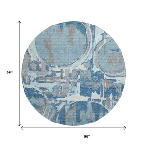 HomeRoots 8' Blue Gray and Ivory Geometric Round Rug - Washable, UV Protected, Durable for High Traffic Areas 667816