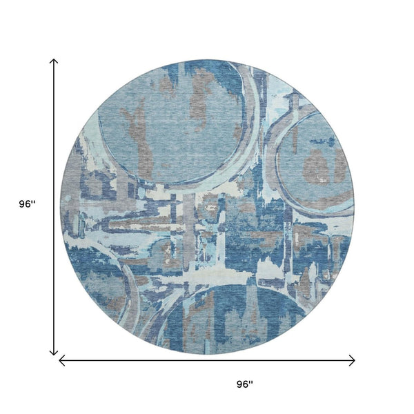 HomeRoots 8' Blue Gray and Ivory Geometric Round Rug - Washable, UV Protected, Durable for High Traffic Areas 667816