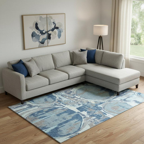 HomeRoots 8' X 10' Washable Blue Gray and Ivory Geometric Area Rug with UV Protection for Modern Living Spaces 667817