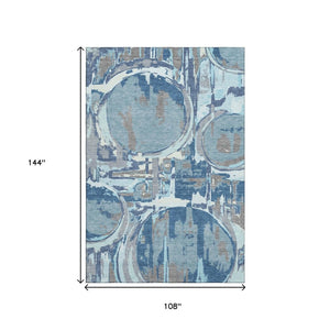 HomeRoots 9' x 12' Geometric Blue Gray and Ivory Washable Area Rug with UV Protection for High-Traffic Spaces 667818