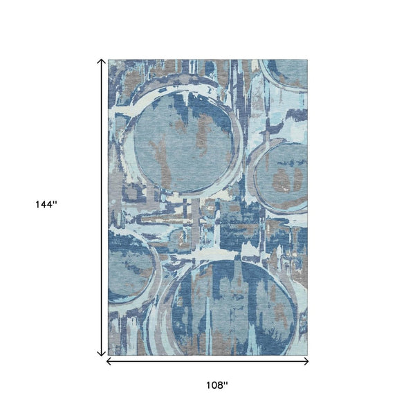 HomeRoots 9' x 12' Geometric Blue Gray and Ivory Washable Area Rug with UV Protection for High-Traffic Spaces 667818