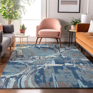 HomeRoots 9' x 12' Geometric Blue Gray and Ivory Washable Area Rug with UV Protection for High-Traffic Spaces 667818