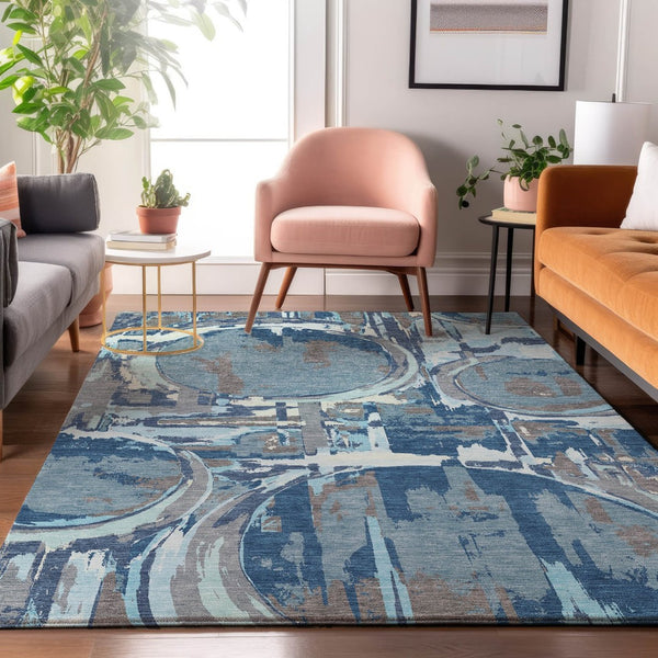 HomeRoots 9' x 12' Geometric Blue Gray and Ivory Washable Area Rug with UV Protection for High-Traffic Spaces 667818