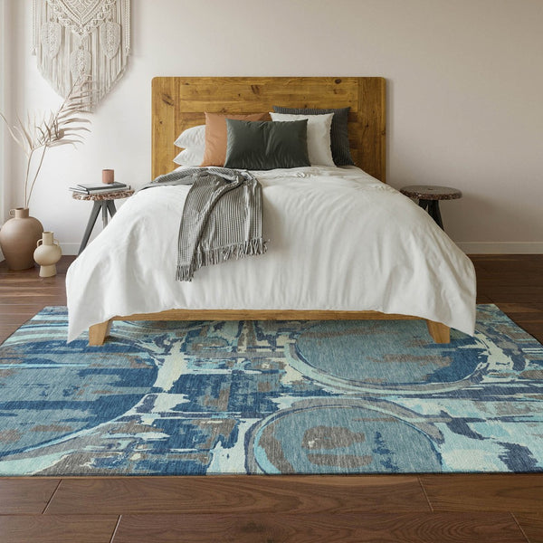 HomeRoots 9' x 12' Geometric Blue Gray and Ivory Washable Area Rug with UV Protection for High-Traffic Spaces 667818