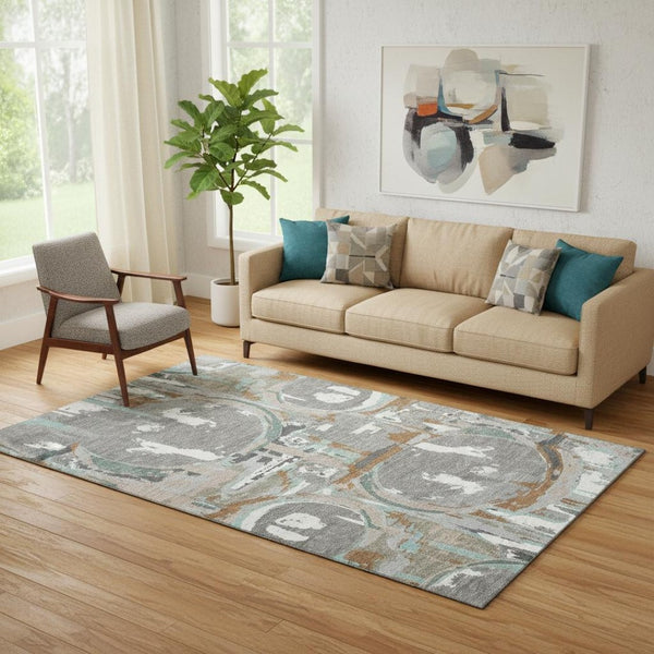 HomeRoots 5' X 8' Gray Copper And Ivory Geometric Area Rug - Washable, Stain-Resistant, UV Protected Design 667821