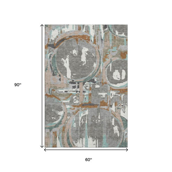 HomeRoots 5' X 8' Gray Copper And Ivory Geometric Area Rug - Washable, Stain-Resistant, UV Protected Design 667821