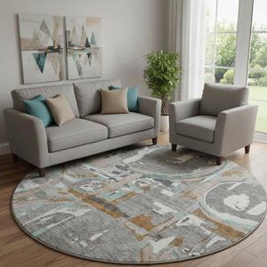 HomeRoots 8' Gray Copper and Ivory Geometric Washable Round Rug with UV Protection for Stylish Living Spaces 667822