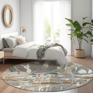 HomeRoots 8' Gray Copper and Ivory Geometric Washable Round Rug with UV Protection for Stylish Living Spaces 667822