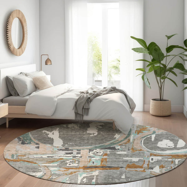 HomeRoots 8' Gray Copper and Ivory Geometric Washable Round Rug with UV Protection for Stylish Living Spaces 667822