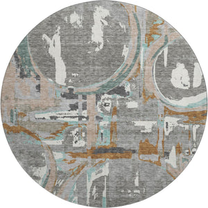 HomeRoots 8' Gray Copper and Ivory Geometric Washable Round Rug with UV Protection for Stylish Living Spaces 667822
