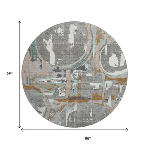 HomeRoots 8' Gray Copper and Ivory Geometric Washable Round Rug with UV Protection for Stylish Living Spaces 667822