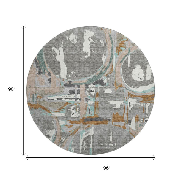 HomeRoots 8' Gray Copper and Ivory Geometric Washable Round Rug with UV Protection for Stylish Living Spaces 667822