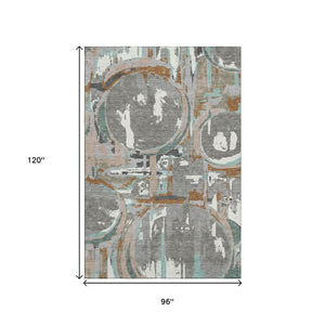 HomeRoots 8' X 10' Modern Gray Copper Ivory Geometric Washable Area Rug with UV Protection for Homes 667823