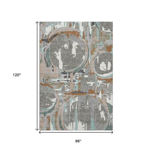 HomeRoots 8' X 10' Modern Gray Copper Ivory Geometric Washable Area Rug with UV Protection for Homes 667823