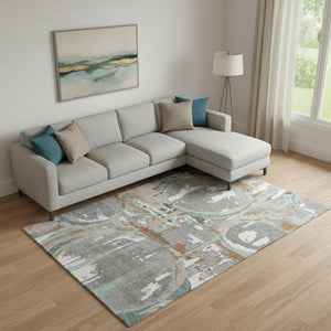 HomeRoots 8' X 10' Modern Gray Copper Ivory Geometric Washable Area Rug with UV Protection for Homes 667823