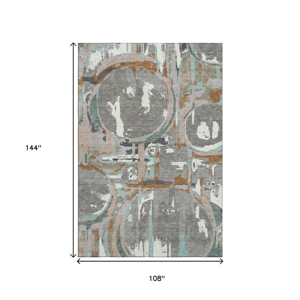 HomeRoots 9' X 12' Stylish Gray Copper Ivory Geometric Area Rug - Washable, UV Protected, Family-Friendly Design 667824