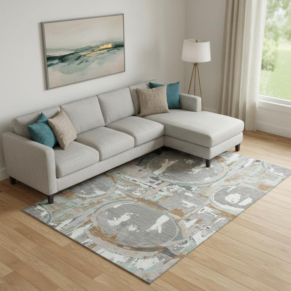 HomeRoots 9' X 12' Stylish Gray Copper Ivory Geometric Area Rug - Washable, UV Protected, Family-Friendly Design 667824