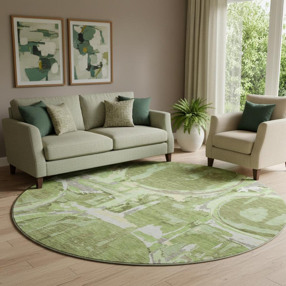 HomeRoots 8' Stylish Green Gray Ivory Geometric Washable Round Rug with UV Protection for Indoor & Outdoor Use 667828