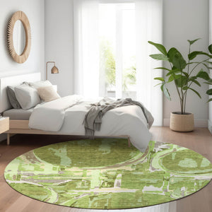 HomeRoots 8' Stylish Green Gray Ivory Geometric Washable Round Rug with UV Protection for Indoor & Outdoor Use 667828