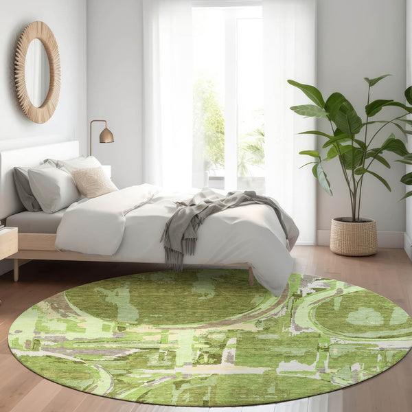 HomeRoots 8' Stylish Green Gray Ivory Geometric Washable Round Rug with UV Protection for Indoor & Outdoor Use 667828