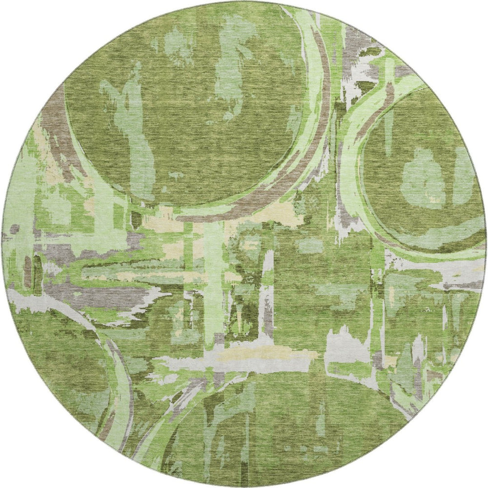 HomeRoots 8' Stylish Green Gray Ivory Geometric Washable Round Rug with UV Protection for Indoor & Outdoor Use 667828