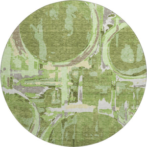HomeRoots 8' Stylish Green Gray Ivory Geometric Washable Round Rug with UV Protection for Indoor & Outdoor Use 667828