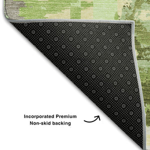 HomeRoots 8' Stylish Green Gray Ivory Geometric Washable Round Rug with UV Protection for Indoor & Outdoor Use 667828