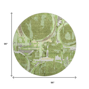 HomeRoots 8' Stylish Green Gray Ivory Geometric Washable Round Rug with UV Protection for Indoor & Outdoor Use 667828