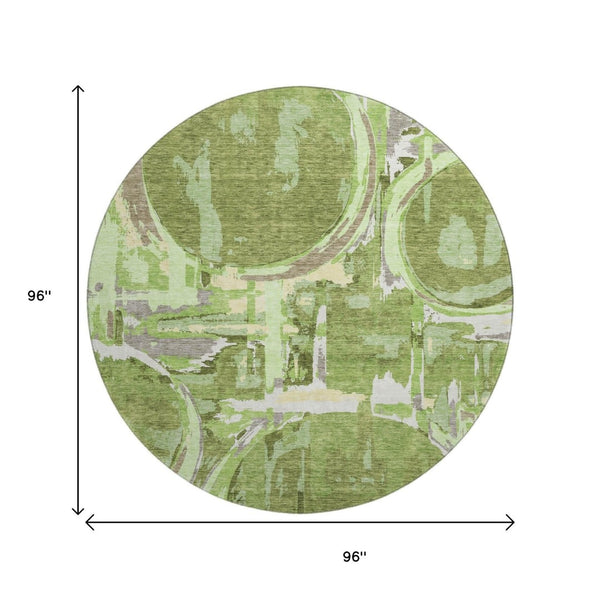 HomeRoots 8' Stylish Green Gray Ivory Geometric Washable Round Rug with UV Protection for Indoor & Outdoor Use 667828