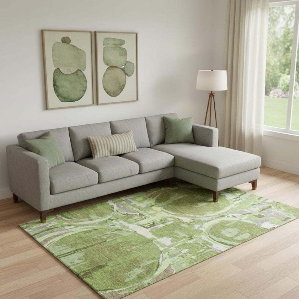 HomeRoots 8' X 10' Stylish Green Gray Ivory Geometric Washable Area Rug with UV Protection for High Traffic Rooms 667829