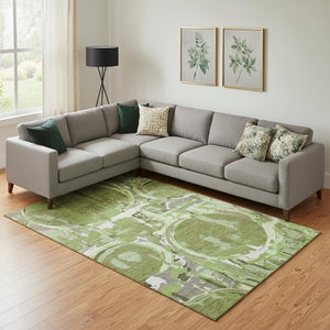 HomeRoots 9' X 12' Washable Geometric Area Rug in Green, Gray & Ivory – Durable, UV Protected, Pet-Friendly Design 667830