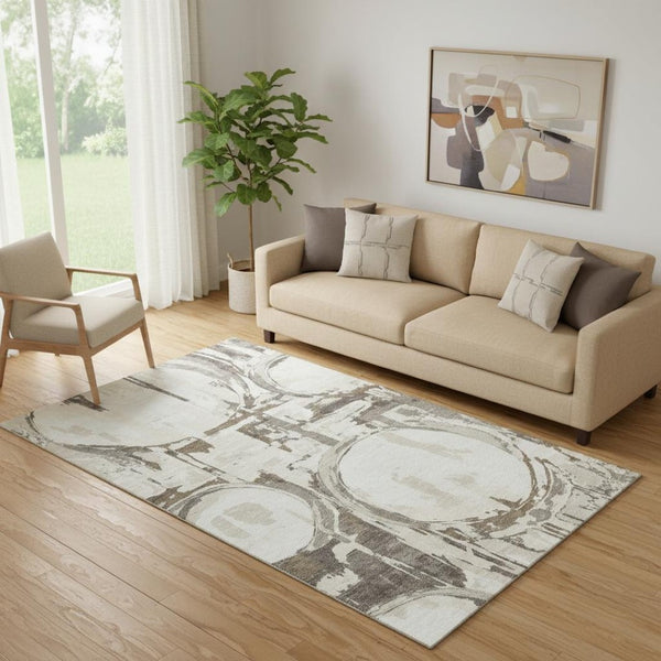 HomeRoots 5' X 8' Stylish Ivory Taupe & Beige Geometric Area Rug - Washable, UV Protected, Pet Friendly! 667833