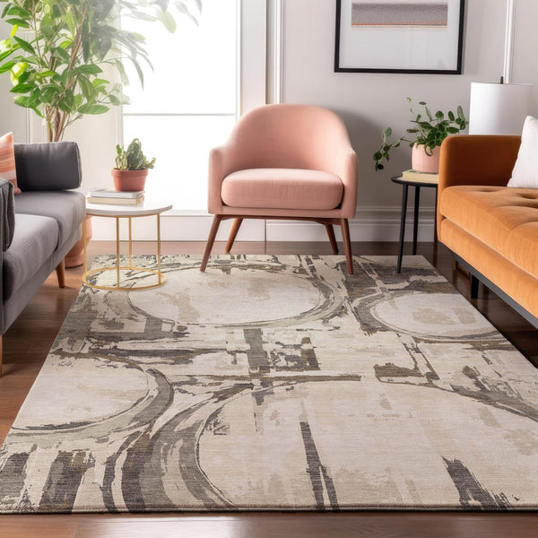 HomeRoots 5' X 8' Stylish Ivory Taupe & Beige Geometric Area Rug - Washable, UV Protected, Pet Friendly! 667833